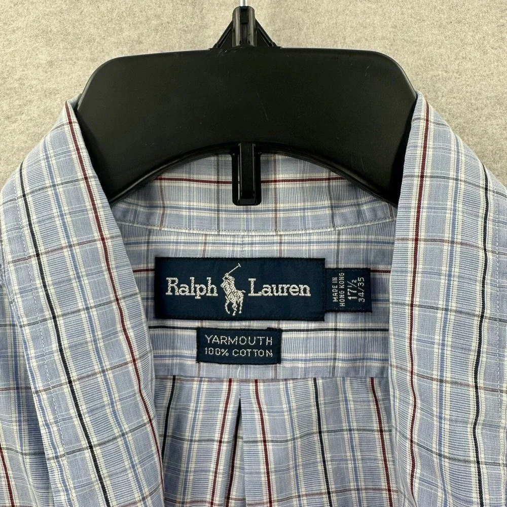 Polo Ralph Lauren Yarmouth Cotton Oxford Long Sleeve Shirt Blue White Plaid 17.5